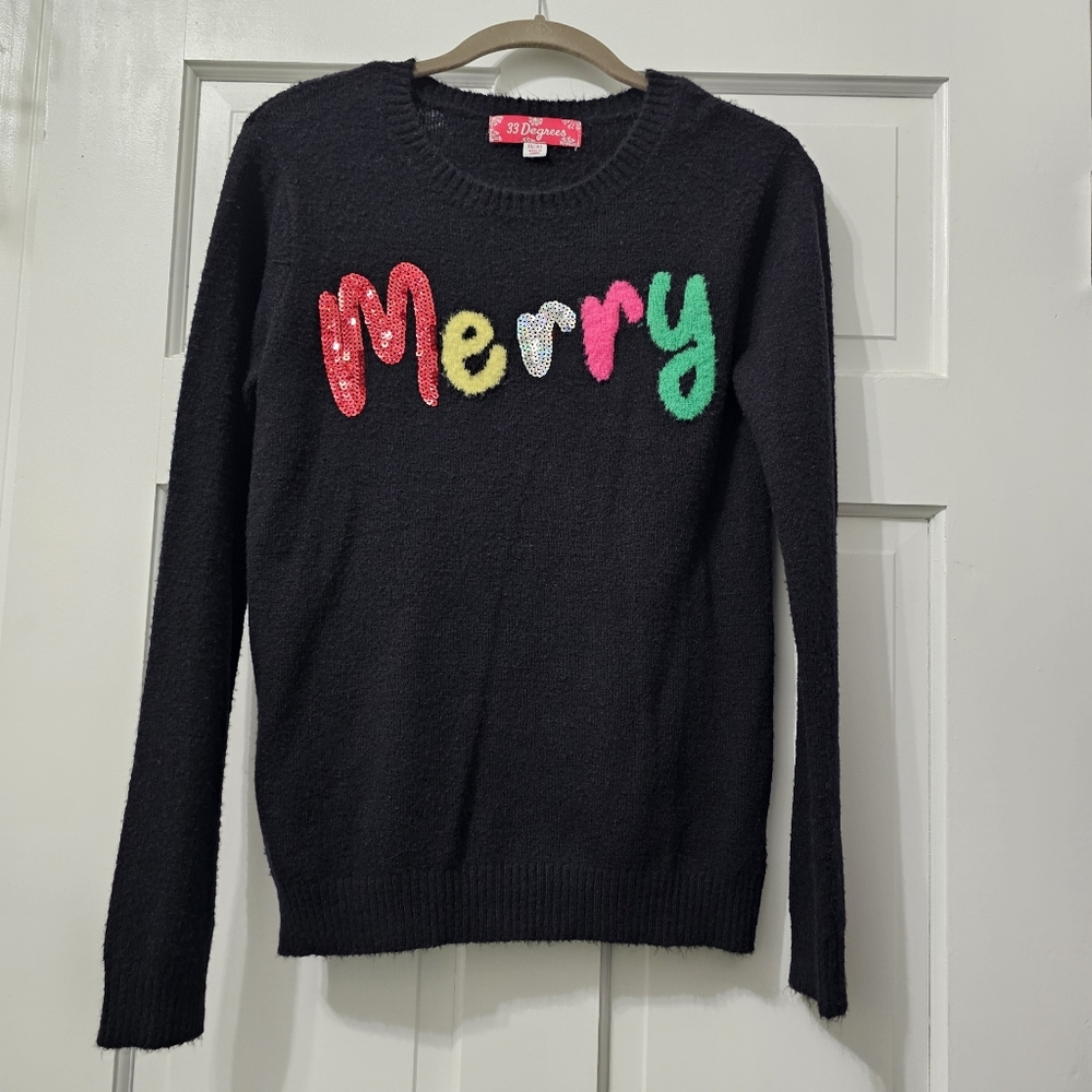🎄 33 Degrees "Merry" Sequin Holiday Christmas Sweater - Girls XL